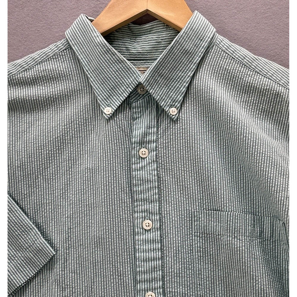 LL Bean Seersucker Shirt Men Large Mint Green Stripped Button Down Short Sleeve
